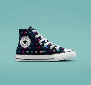 Tenisi Inalti Converse Chuck Taylor All Star Foil Hearts Negrii Albi Roz | CV-528VJB