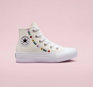 Tenisi Inalti Converse Chuck Taylor All Star Lift Platforma Floral Embroidery Albi Albi | CV-804UFH