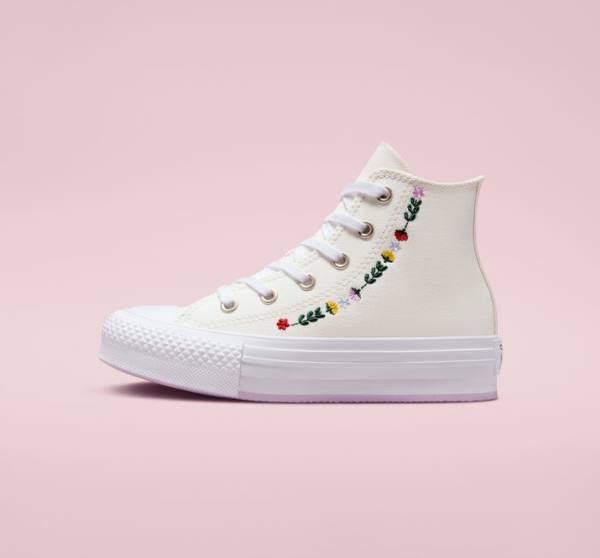 Tenisi Inalti Converse Chuck Taylor All Star Lift Platforma Floral Embroidery Albi Albi | CV-804UFH