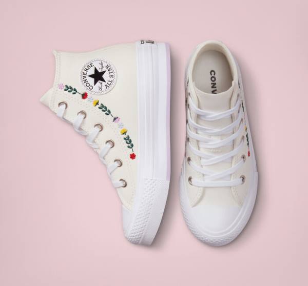 Tenisi Inalti Converse Chuck Taylor All Star Lift Platforma Floral Embroidery Albi Albi | CV-804UFH