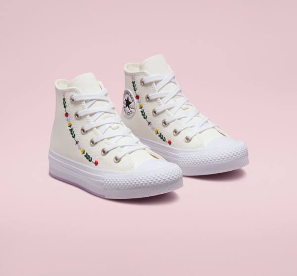 Tenisi Inalti Converse Chuck Taylor All Star Lift Platforma Floral Embroidery Albi Albi | CV-804UFH