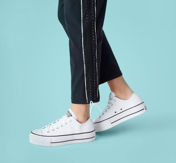 Tenisi Low Top Converse Chuck Taylor All Star Lift Platforma Piele Albi Negrii Albi | CV-043GYS