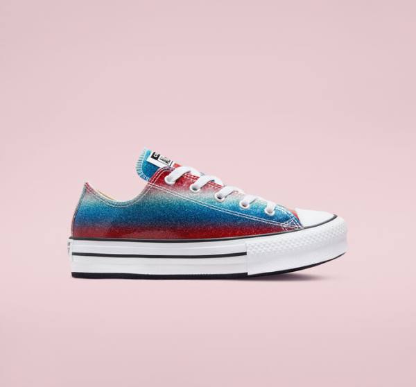 Tenisi Low Top Converse Chuck Taylor All Star Lift Platforma Glitter Drip Albastri Albi Rosii | CV-492WPQ