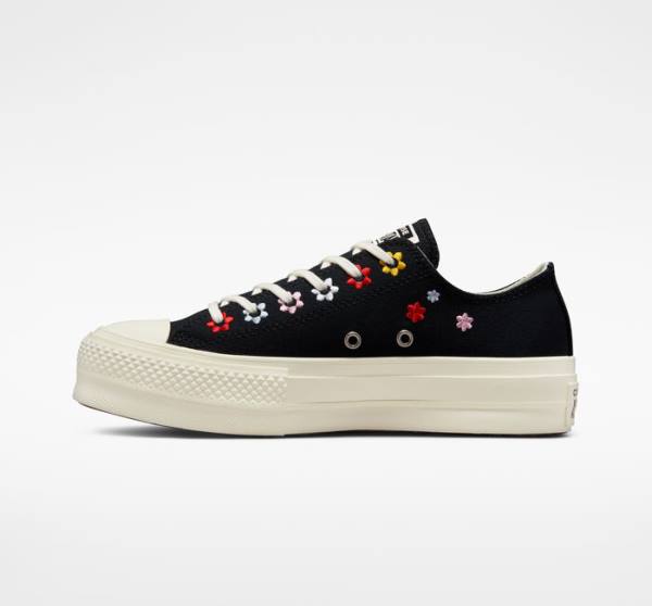 Tenisi Low Top Converse Chuck Taylor All Star Lift Platforma Floral Embroidery Negrii Colorati | CV-619XVC