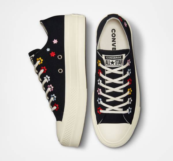 Tenisi Low Top Converse Chuck Taylor All Star Lift Platforma Floral Embroidery Negrii Colorati | CV-619XVC