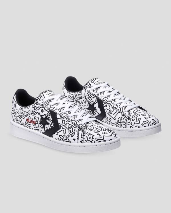 Tenisi Low Top Converse Keith Haring Pro Piele Albi Negrii Rosii | CV-059KQH